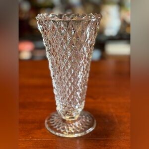 Vintage Indiana Glass Diamond Point Clear Pressed Glass Footed Vase.